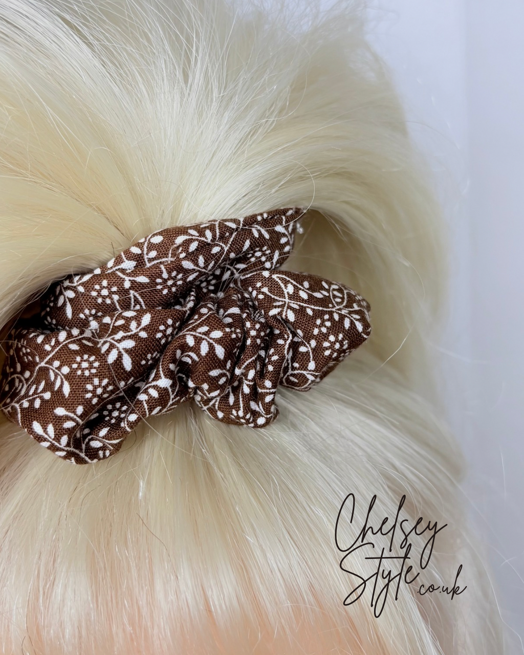 Brown and White Dainty Floral Scrunchie