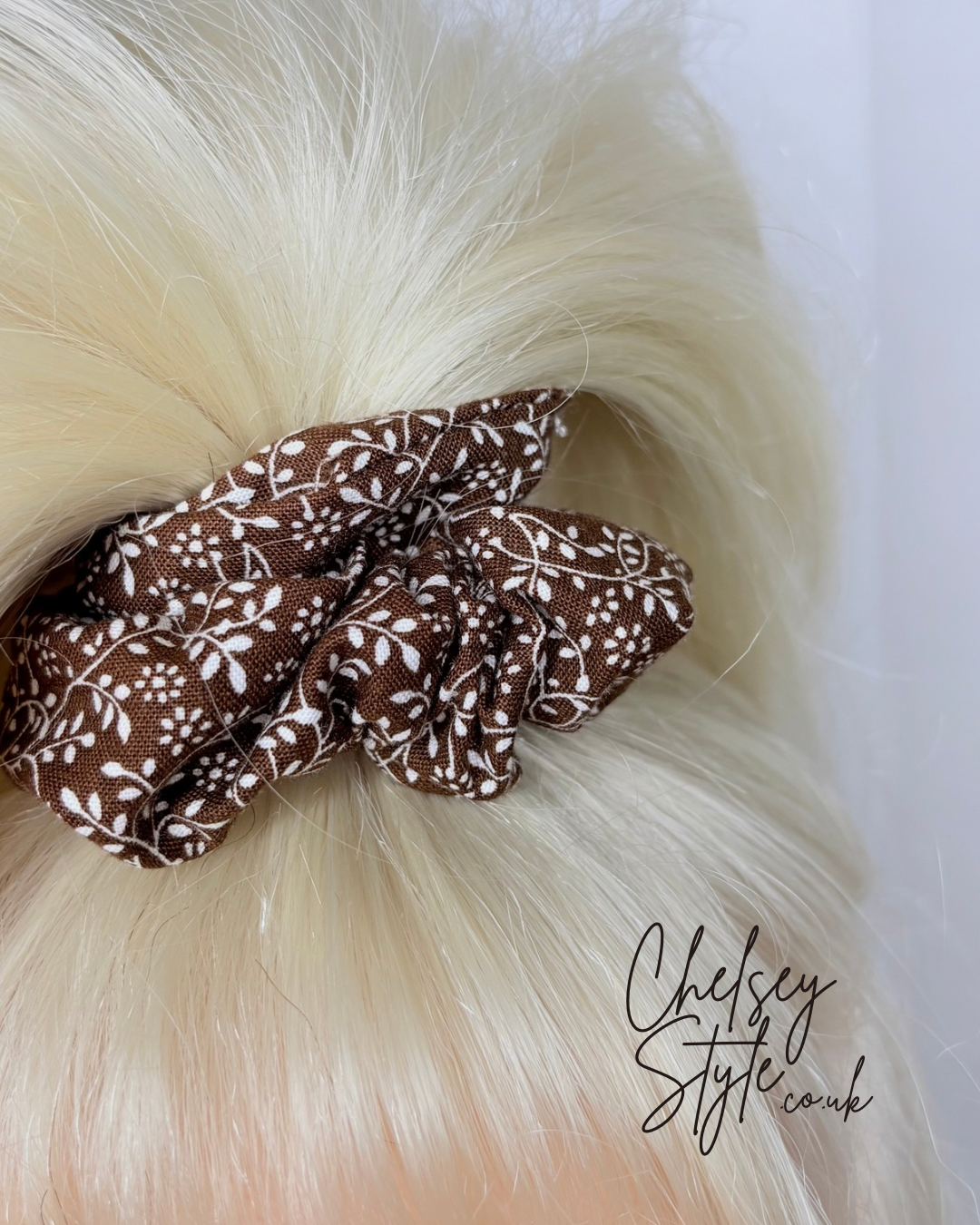 Brown and White Dainty Floral Scrunchie